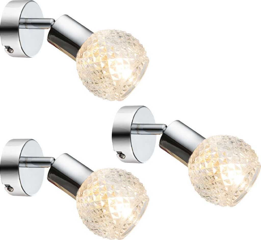 3er Set Wandstrahler, Chrom, beweglich, Glas, rund, L 17 cm