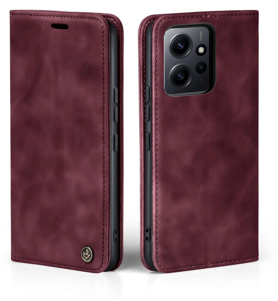 A burgundy flip case for a smartphone is shown from two angles.