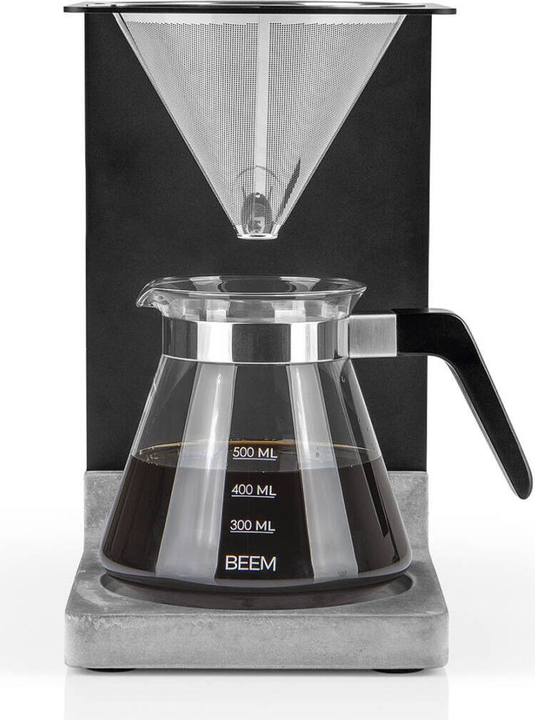 BEEM POUR OVER Kaffeebereiter Set 4 Tassen Permanentfilter Gr. 2 0,5 l Glaskanne Beton-Sockel Manuelle Kaffeebrühkunst besonders mildes Kaffeearoma