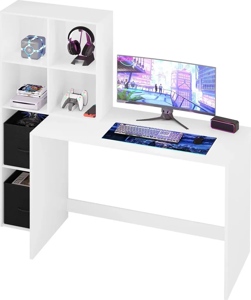 Bureau moderne 140cm blanc avec étagères de rangement - Structure boisée - 2