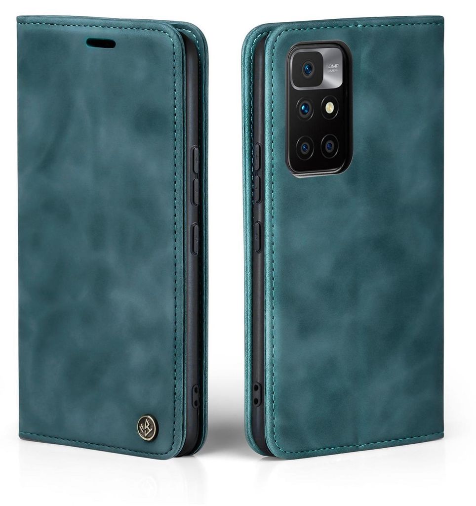 A teal-colored flip case for a smartphone is shown from two angles.
