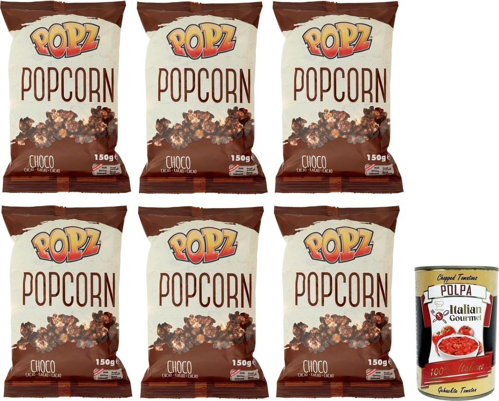 6x Popz Popcorn Choco Cacao,Karamellisiertes Popcorn mit Kakao Butter Karamell (73%),Kakao (4%),Beutel mit 150g + Italian Gourmet Polpa di Pomodoro...