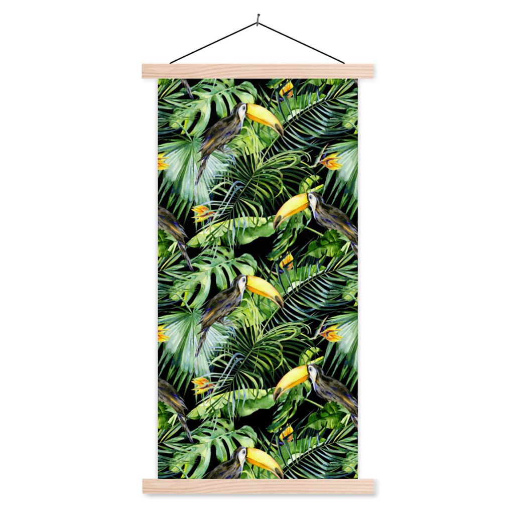 MuchoWow Textilposter Tukan - Muster - Pflanzen 60x120 cm mit holzfarbenen Rahmen - Holz