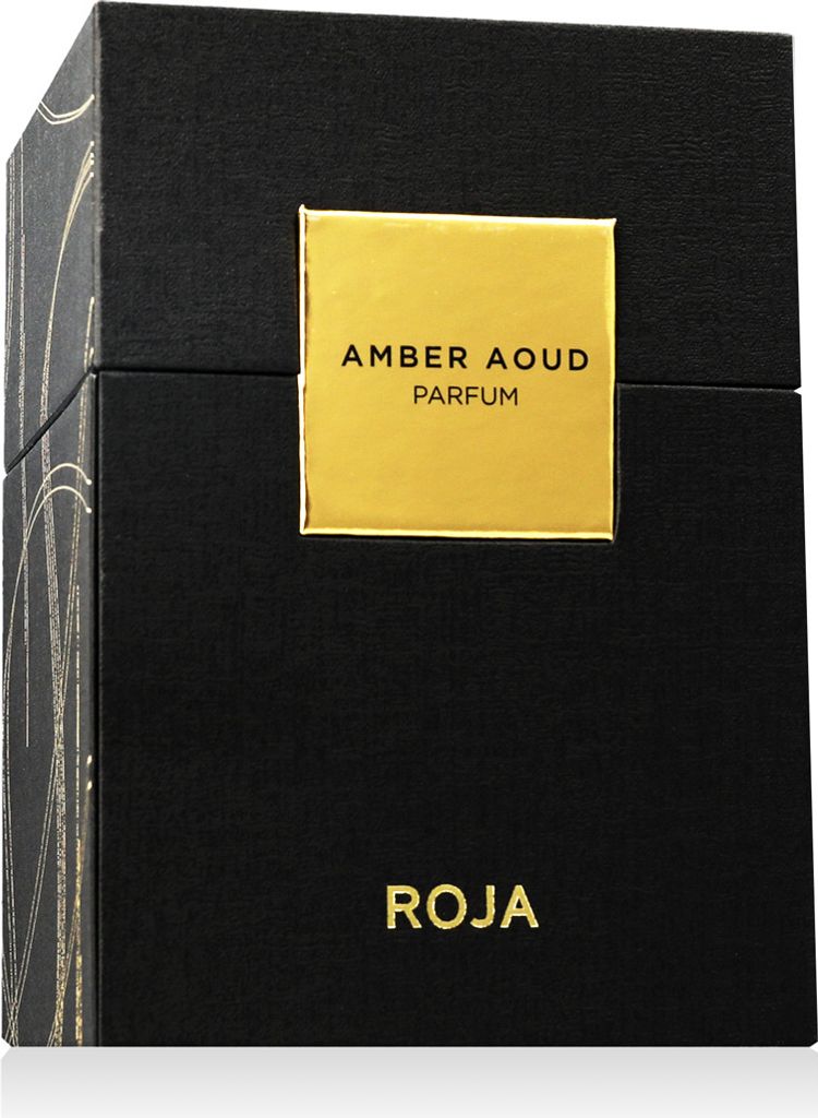 A black perfume box with gold accents and text.