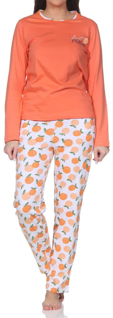 Normann Damen Pyjama langarm Schlafanzug – „Peachy“ Design – Soft-Jersey Komfort ; orange , 44