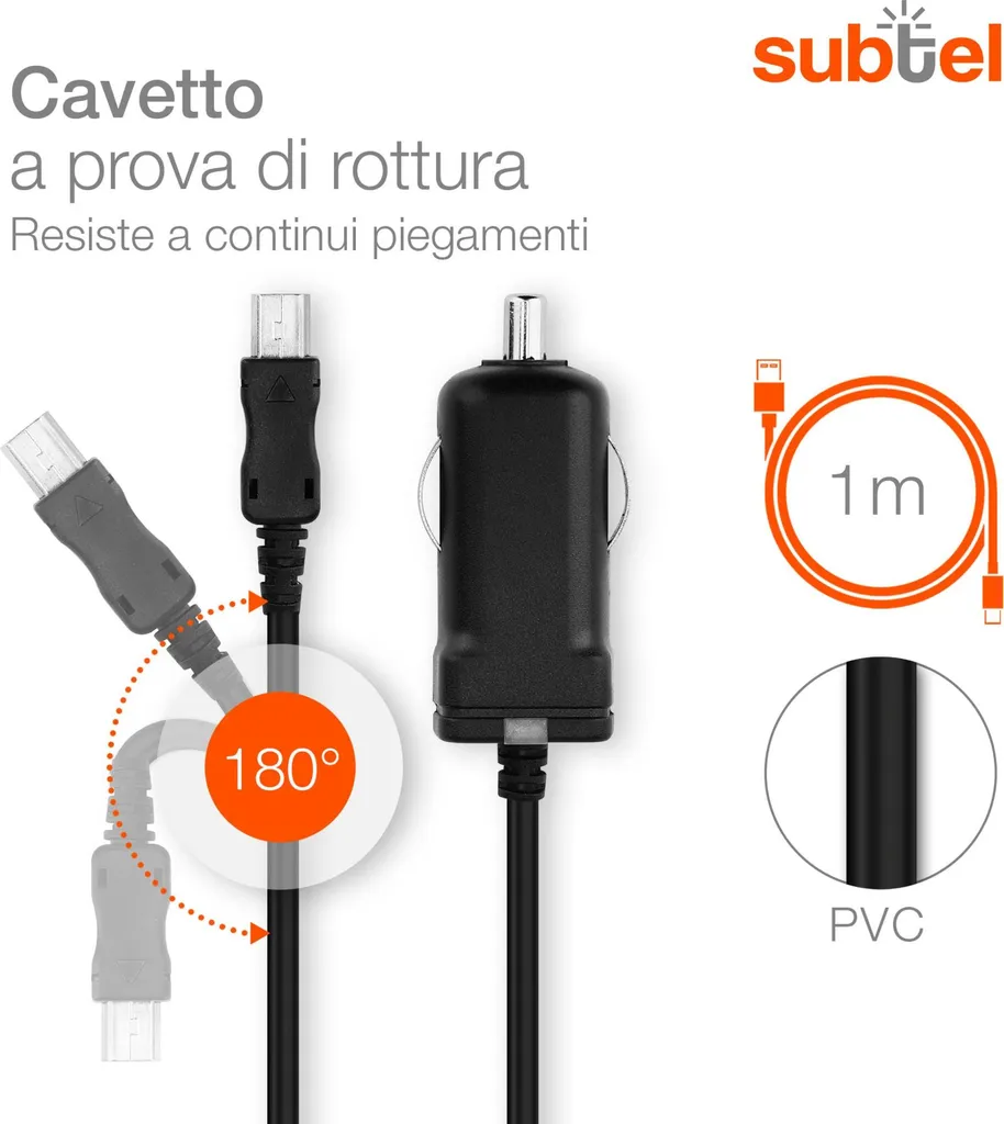 subtel Caricatore Mini USB da auto 1m compatibile con cavo ricarica per navigatore GPS, da 2.4A / 2400mA 5V caricabatteria da accendisigari - 4