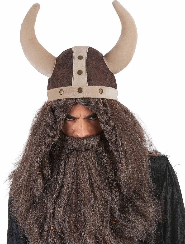 A person wearing a Viking helmet and beard.