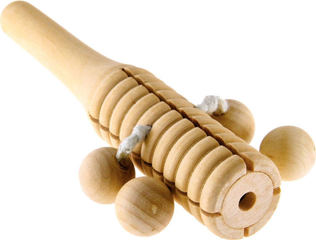 Murmelklapper aus Holz, naturbelassen, Rassel mit Klangkugeln, 16 cm