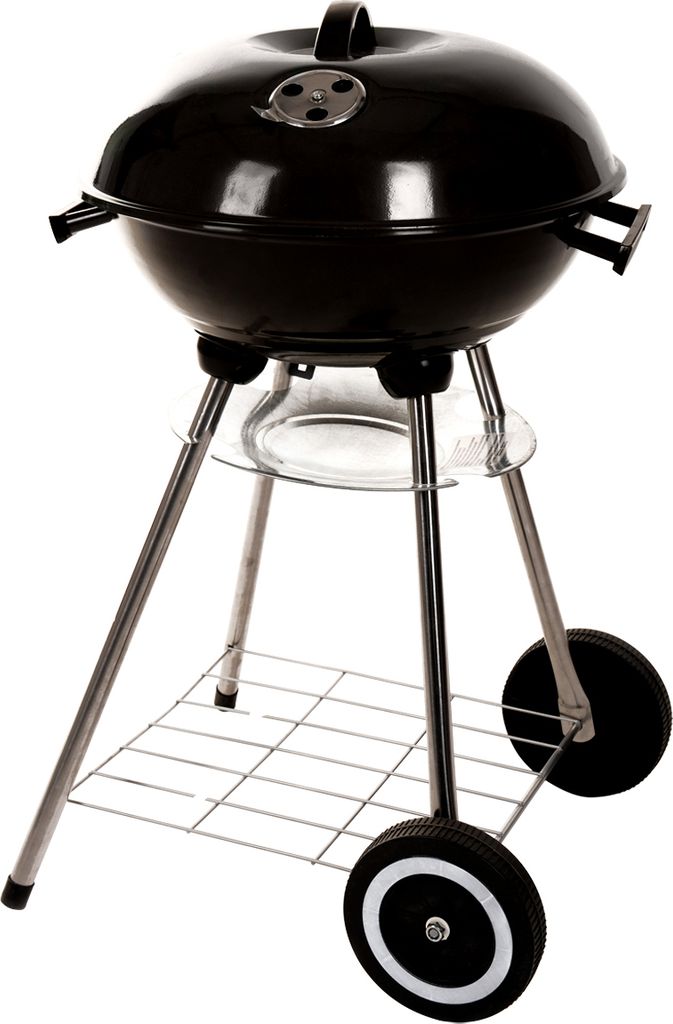 A black kettle-style grill on a stand with wheels, isolated on a white background.