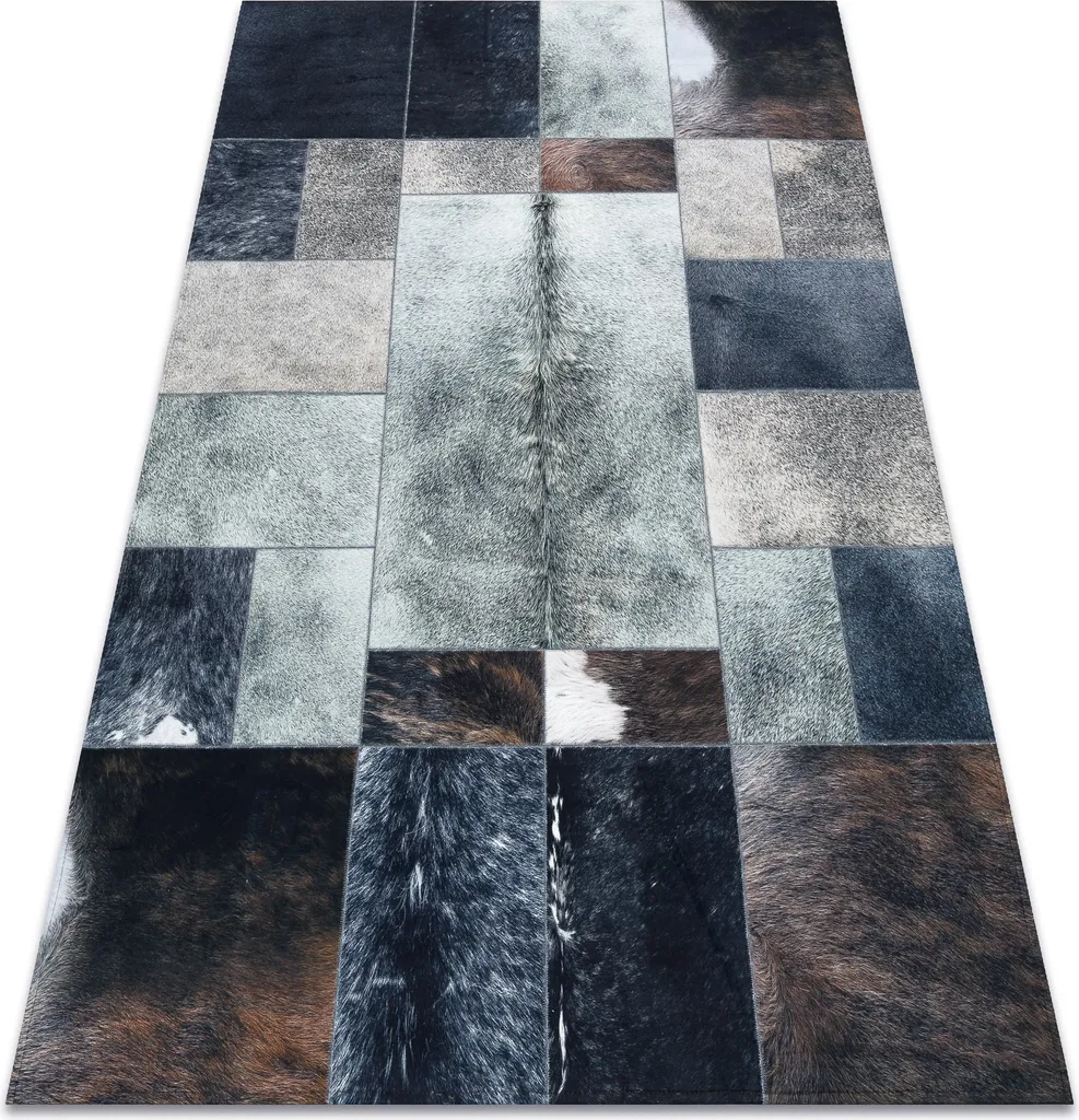 Tapis en Peau de Vache Grise Style Patchwork Noir Moderne en 120x170cm