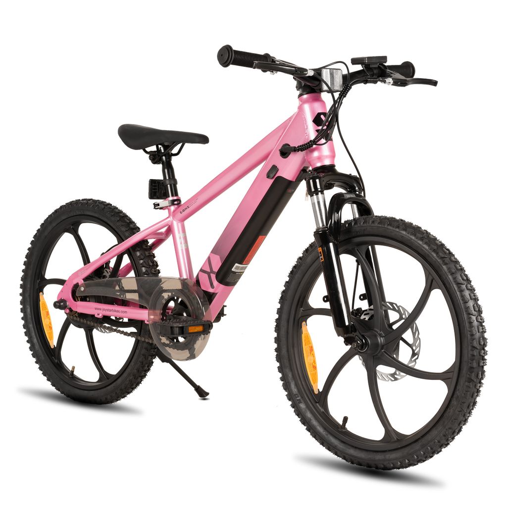 A pink electric mountain bike is shown against a white background.