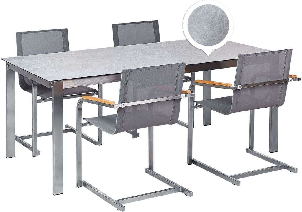 BELIANI Gartenmöbel Set Grau Edelstahl 4 Stühle Polyester Tisch 180x90 cm Sicherheitsglas Keramik Gartenausstattung Terrasse Outdoor Indoor