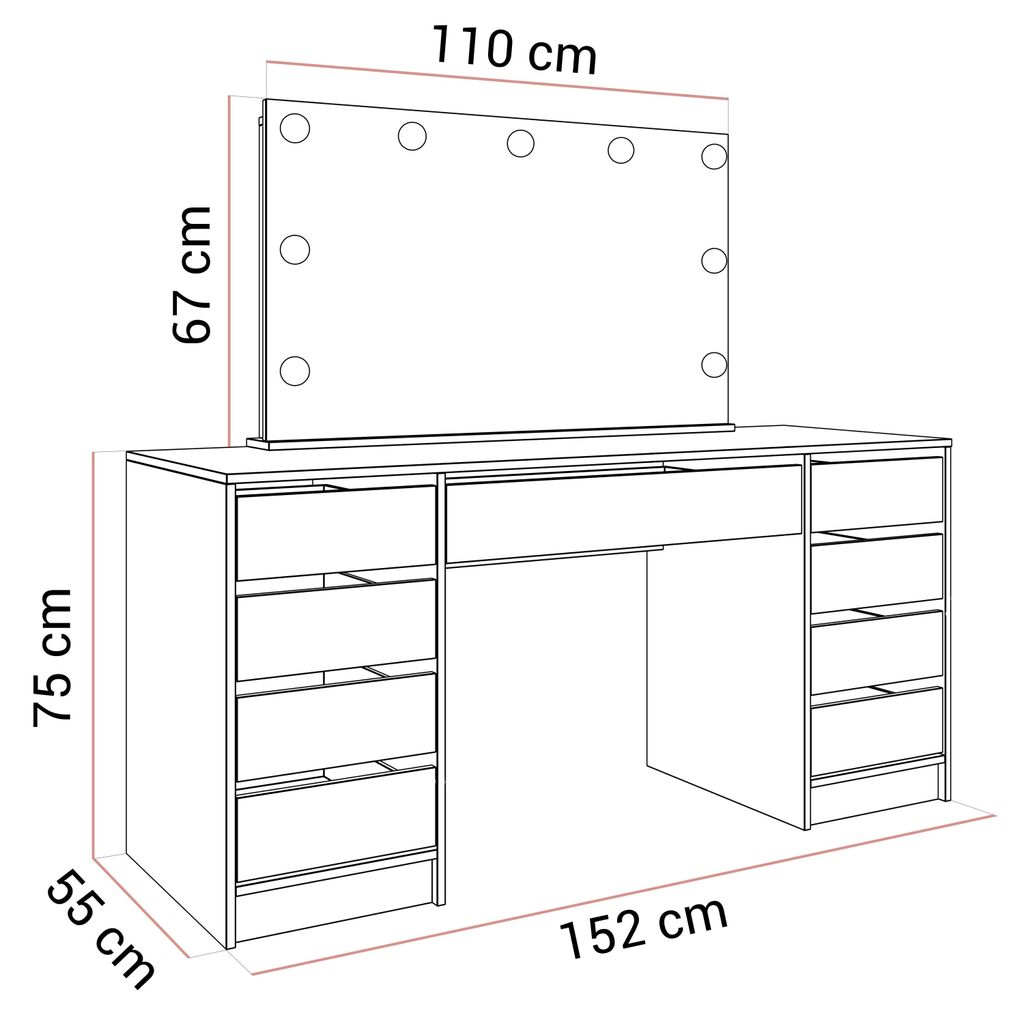 A line drawing diagram of a vanity table with a mirror and lights, showing dimensions.