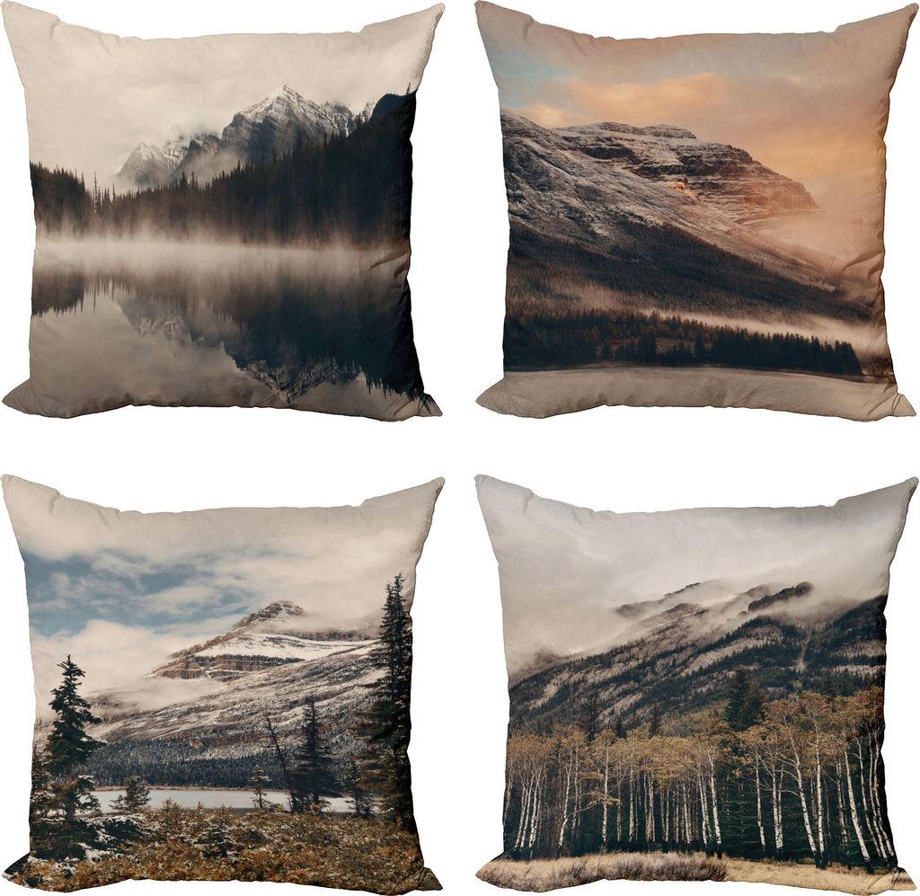 ABAKUHAUS Landschaft Dekokissen Kissenbezug 4er Pack, Snowy Mountains und Woods, Modern Accent Doppelseitiger Digitaldruck, 50 x 50 cm, Mehrfarbig