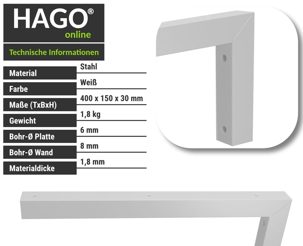 DIY Wandregal L-Halter Set Winkel Metall Waschtisch Waschtischhalterung Wandkonsole Handtuchhalter Wandhalterung 400x150 weiß