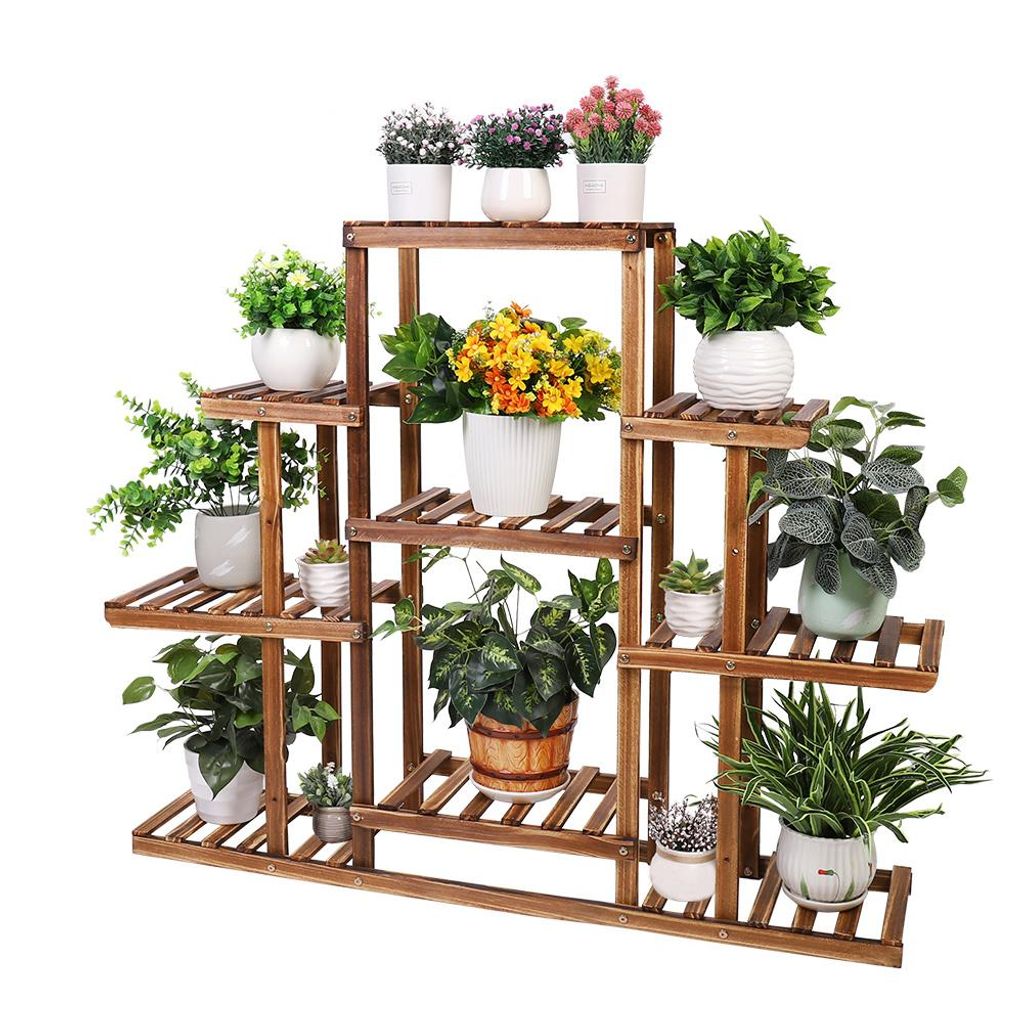 FATIVO Pflanzenregal Holz 115x25x96,5 cm - Blumenständer mit 9 Ablagen, mehrstöckiges Blumenregal für Indoor, Balkon, Wohnzimmer, Outdoor Deko