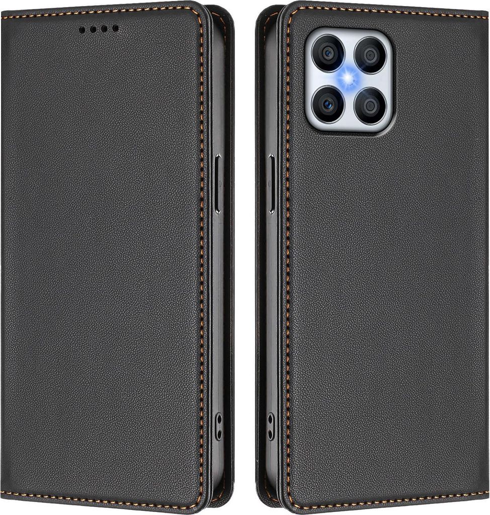 Handyhülle für Honor X8 4G, Kunstleder Klapphülle Stoßfeste Magnetische Hülle mit Ständer Schwarz