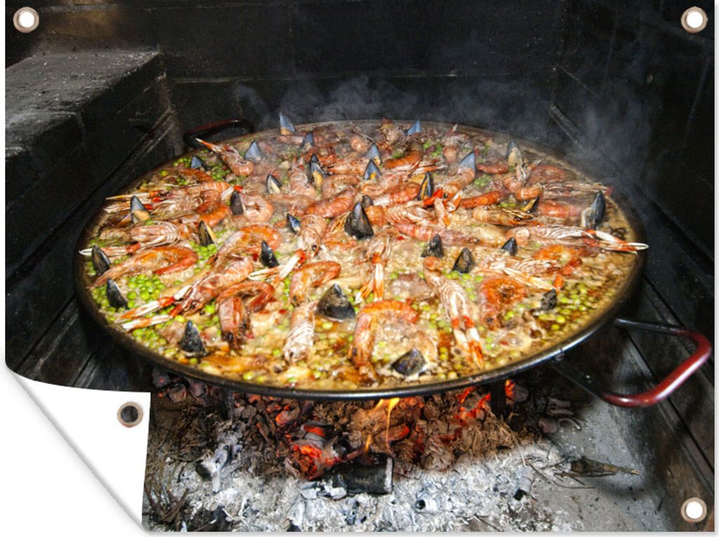 MuchoWow 40x30 cm Outdoor-Poster Gartendeko Sichtschutz Garten Poster für den Garten Im Feuer gekochter Reis mit Meeresfrüchten. Paella ist ein...
