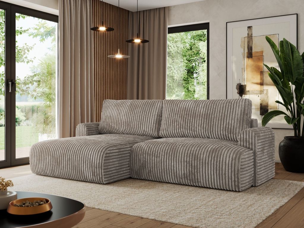 MKS MEBLE L-förmiges Sofa mit Schlaffunktion und Bettkästen, Ecksofa für das Wohnzimmer auf Wellenfedern - TONO - Hellbraun Cord - Links Seite