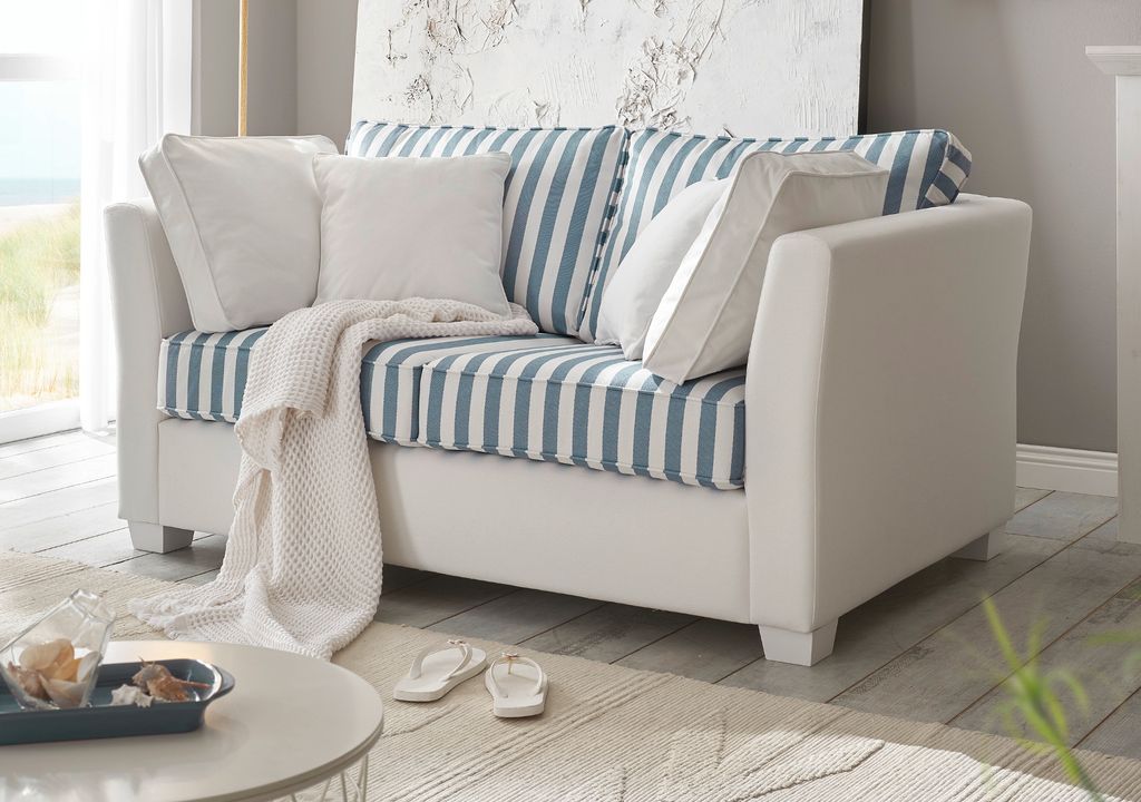 Sofa "Hooge" in creme und blau Landhaus Couch 2-Sitzer 160 cm inkl. 4 Kissen