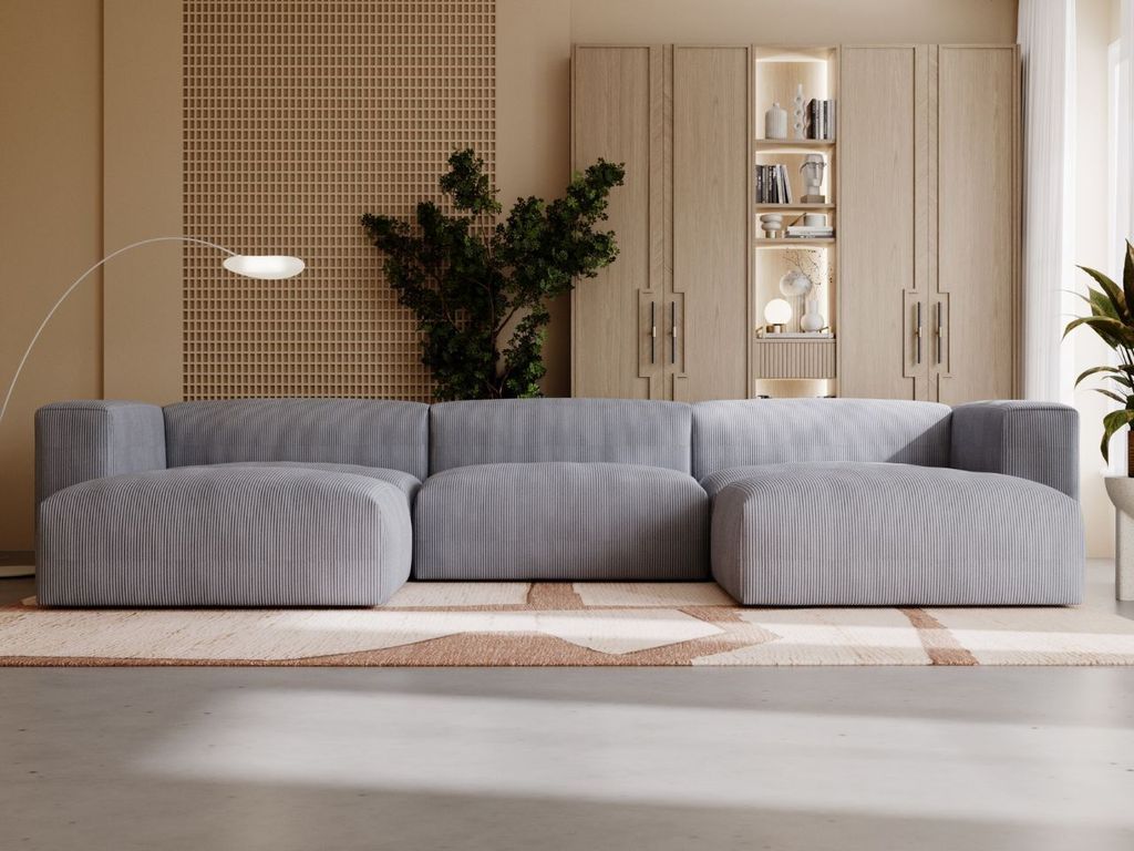 GrainGold Ecksofa U-Form Landi - Moderne Cord Ecksofa, Wohnzimmer Sofa - Eckcouch Grau (Lincoln 85)