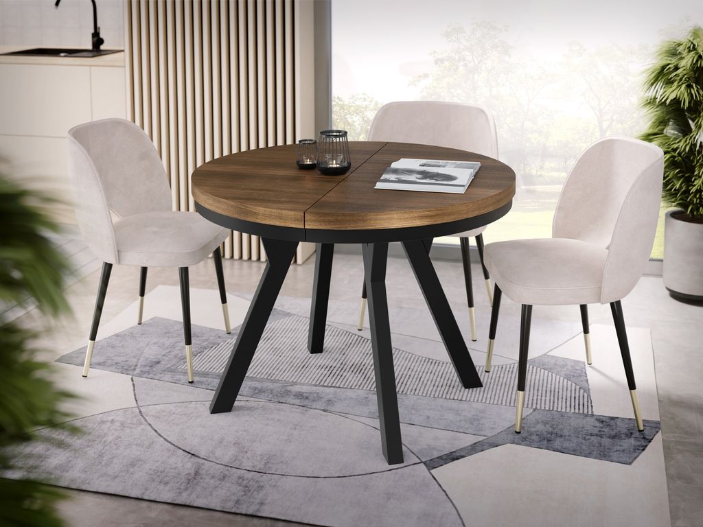 Designer Runder Ausziehbarer Esstisch - Loft-Stil, Industriell, Platzsparend - Schwarze Beine - 100 bis 150 cm - für 5-8 Personen - Hergestellt in...