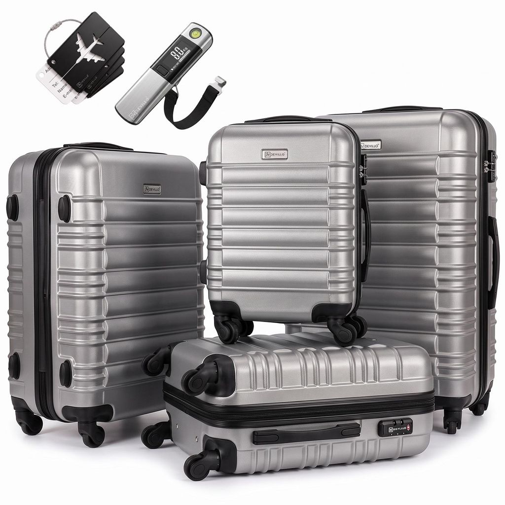 Devillo® Kofferset 4tlg. S-M-L-XL, Silber - Trolley Koffer Produktbild 
