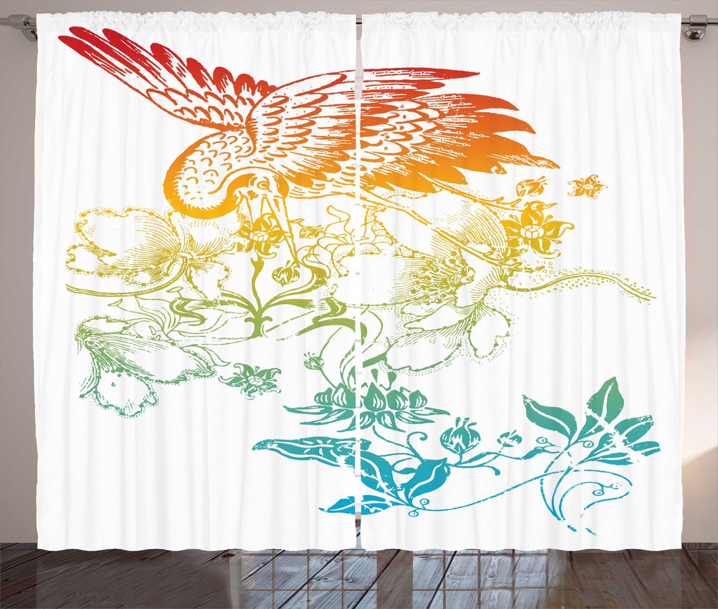 ABAKUHAUS Kran Rustikaler Gardine, Oriental Vogel mit Blumen, Schlafzimmer Kräuselband Vorhang mit Schlaufen und Haken, 280 x 175 cm, Teal orange