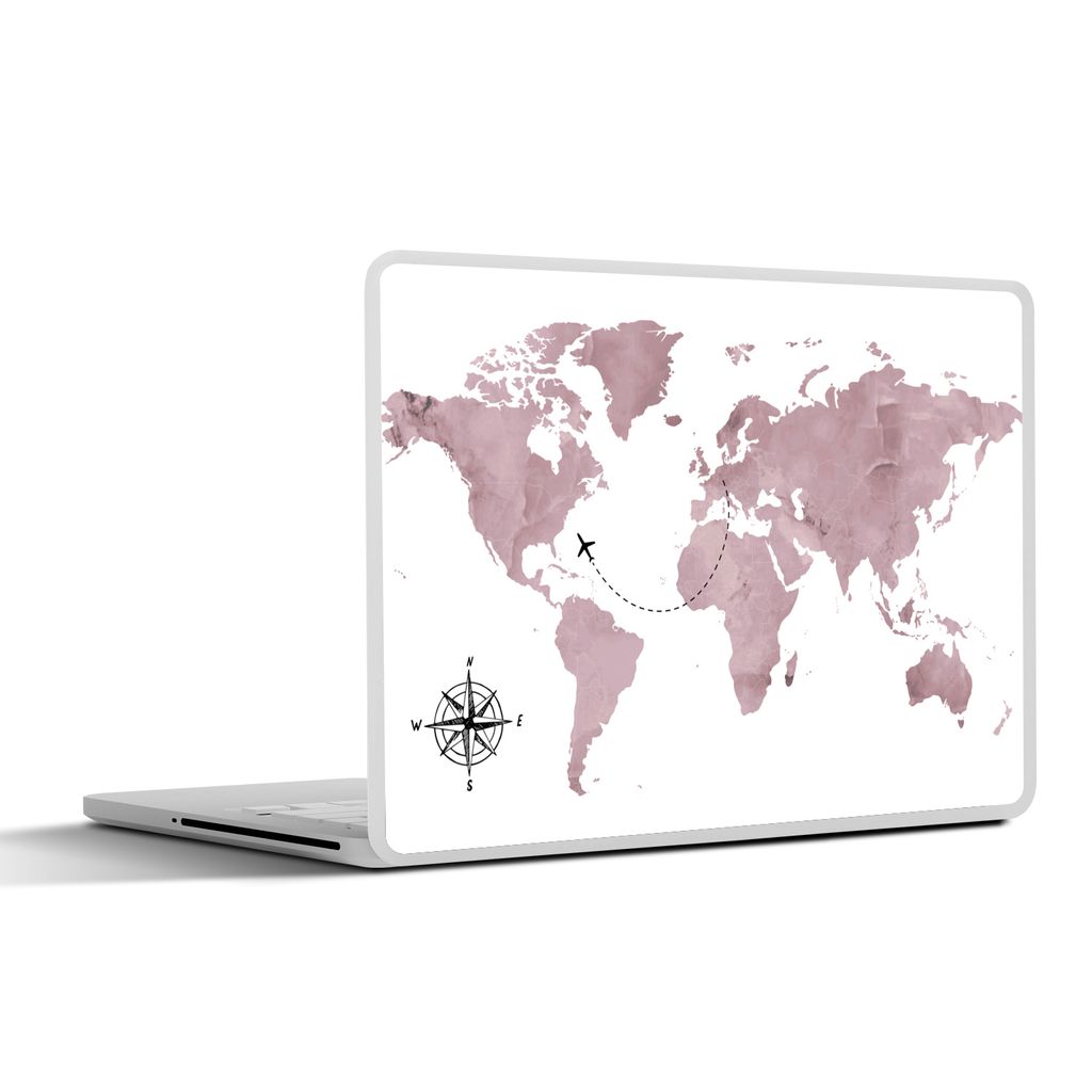 MuchoWow Laptop Aufkleber Sticker Cover Weltkarte - Rosa - Windrose 30x22 cm - Laptop-Sticker