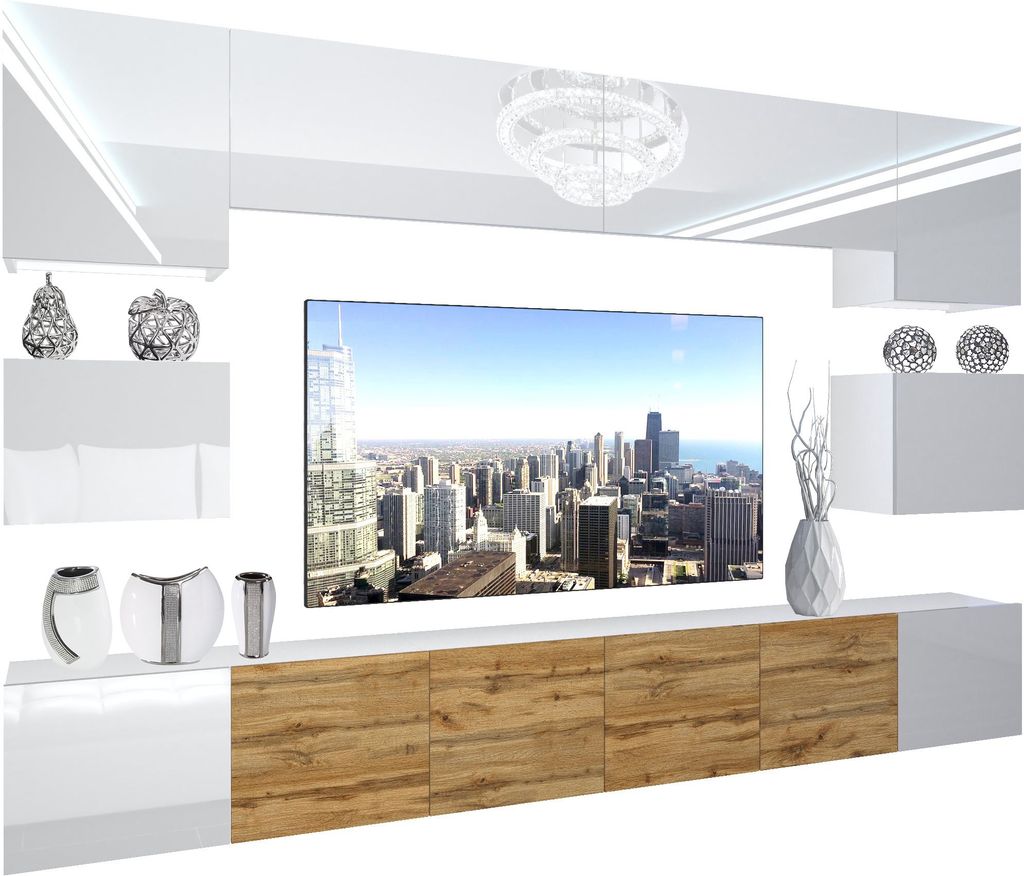 BELINI Wohnwand Vollausstattung Wohnzimmer-Set Moderne Schrankwand mit LED-Beleuchtung Weiß Glänzend Anbauwand TV-Schrank Weiß / Eiche Wotan Gl...