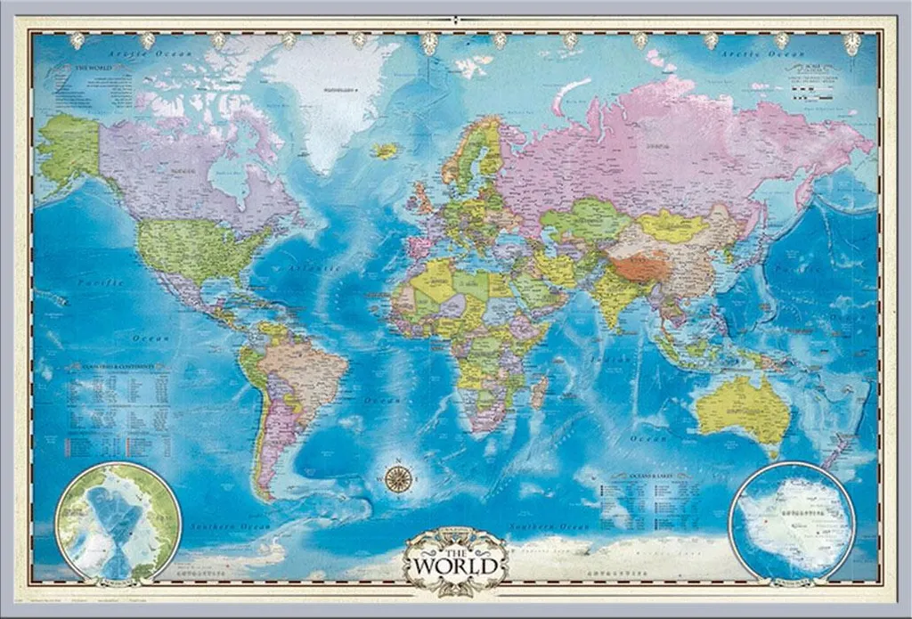 Carte du monde Shinsuke® Maxi cadre argenté avec vitre acrylique robuste
