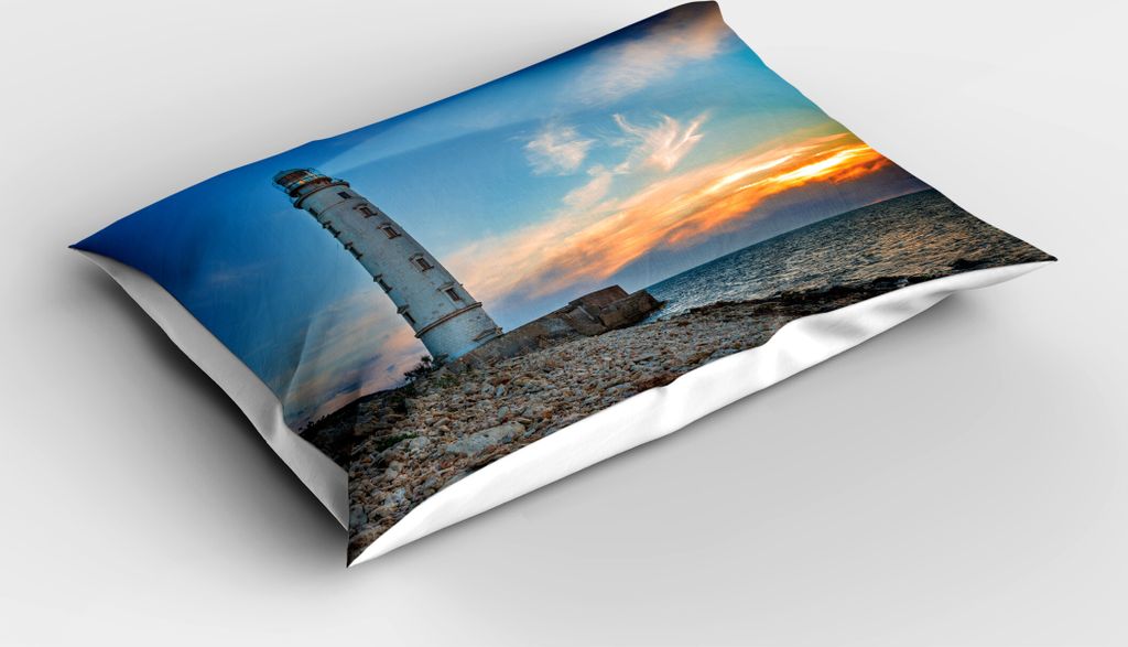ABAKUHAUS maritim Kopfkissenbezug, Seascape Foto von Leuchtturm am Sonnenuntergang mit Tangerine Horizon Drucken, 40x80 cm, Azure Blau Mehrfarbig