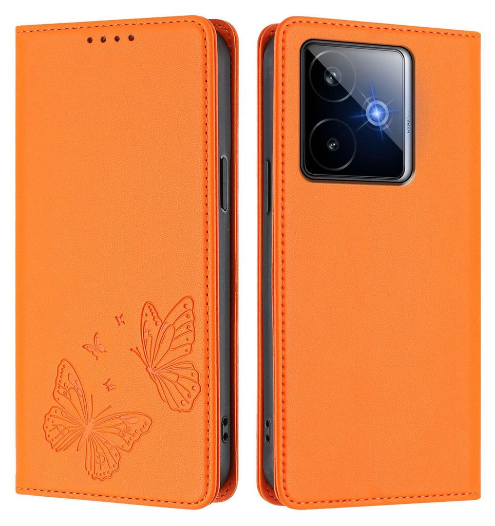 Lederhülle für Realme GT 7, Schmetterling Prägung Leder Brieftasche Schutzhülle mit Ständer Orange