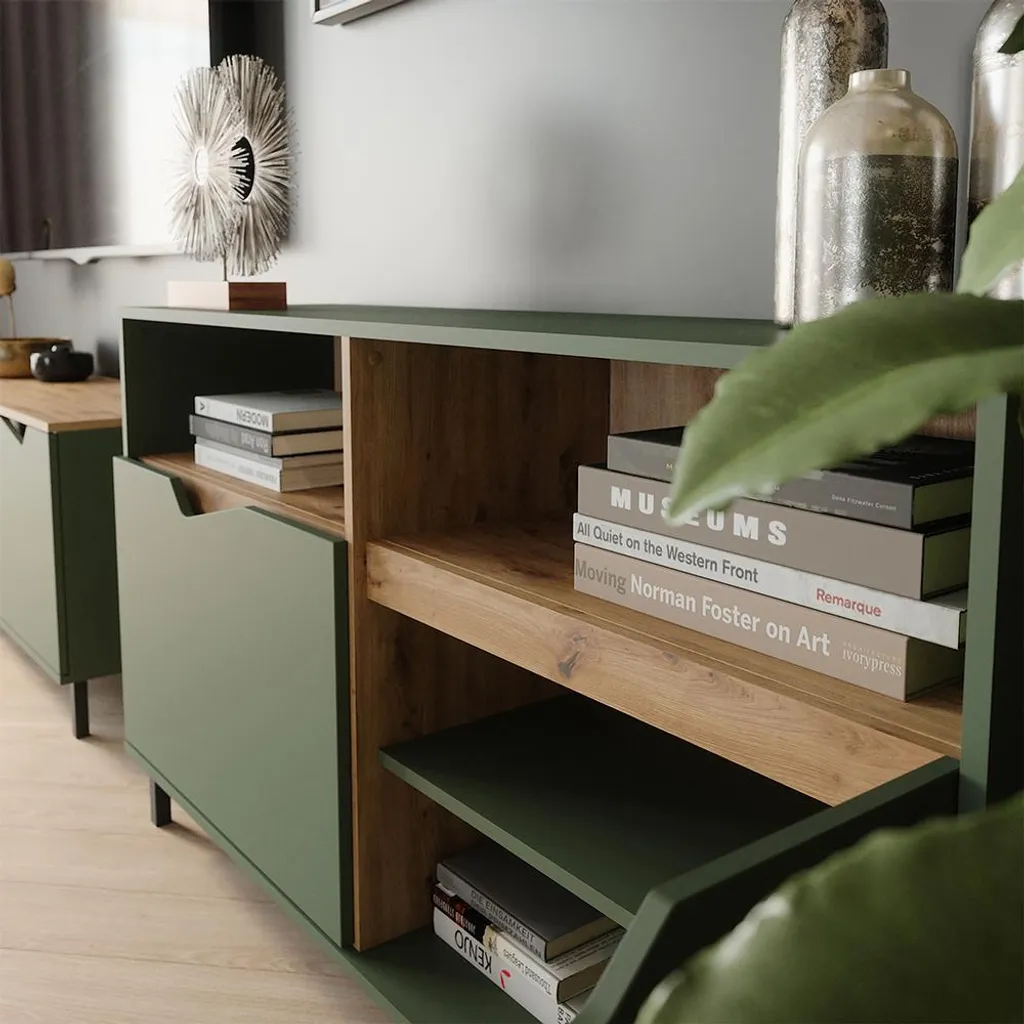 Buffet bas 2 portes commode Vicco Marelle chêne et vert pour la maison
