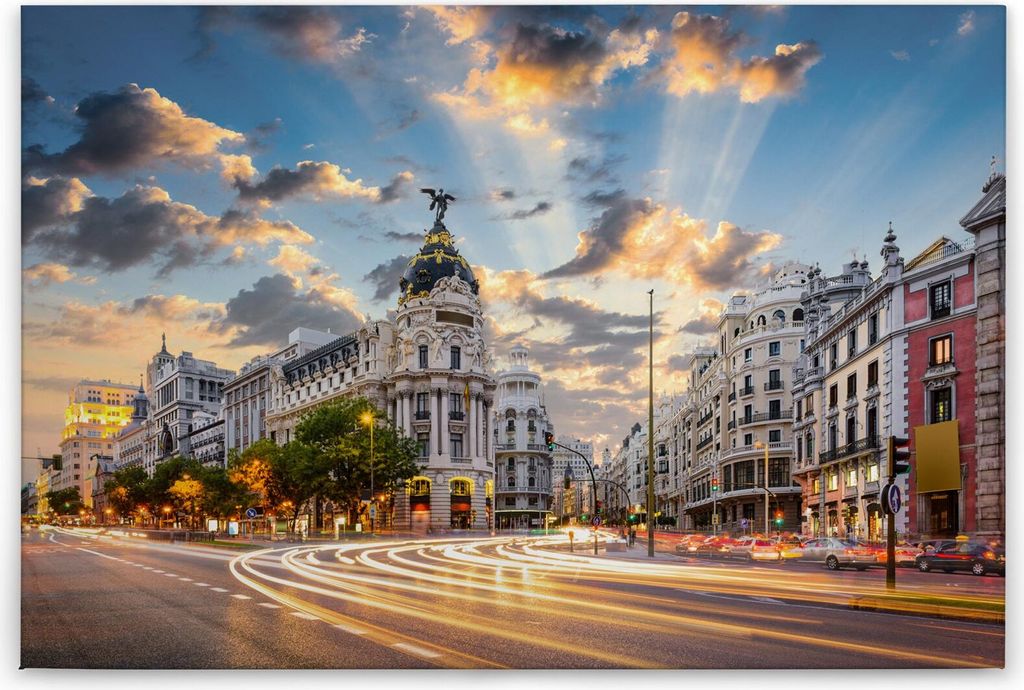 Leinwandbild Wahrzeichen 60 x 90 cm - Wandbild Madrid Grau Grün Stadt - Keilrahmen Wohnzimmerdeko Wanddeko Wandgemälde
