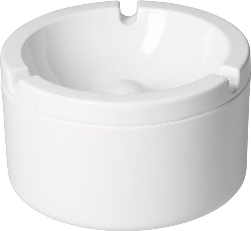 A white ceramic ashtray with indentations for cigarettes.