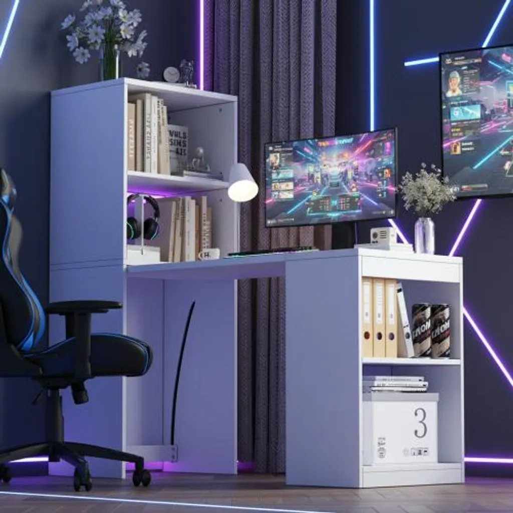 Bureau pliable gain de place blanc avec bibliothèque intégrée à étages