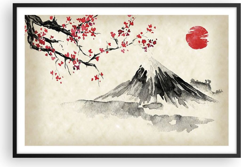 Gerahmtes Poster - Schwarzer Rahmen - Aquarell asiatisch Landschaft - 91,5x61 cm - Wand Bild - Wanddeko - Wandbilder - Kunstposter - Wandposter - B...