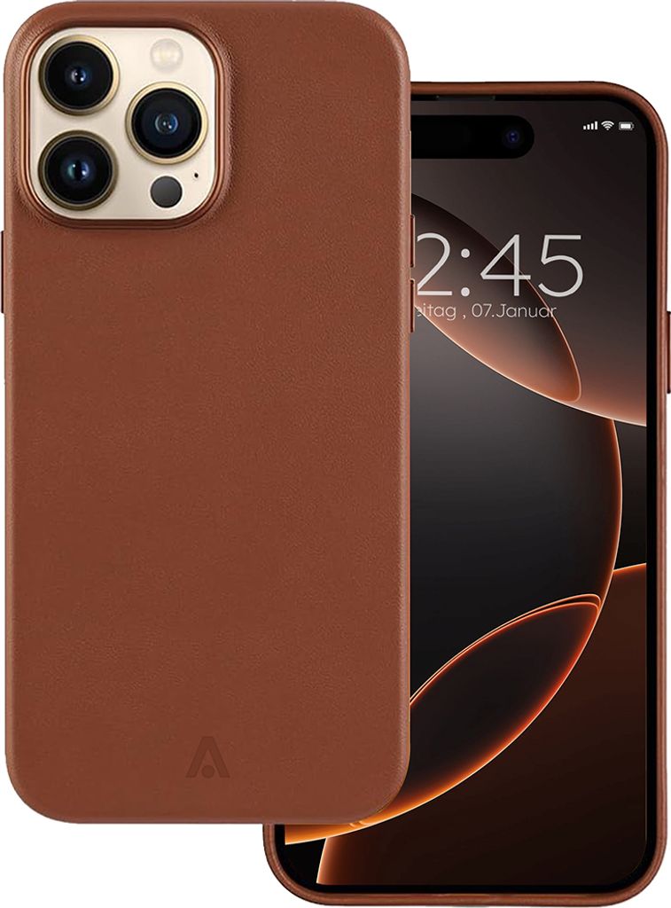 A brown leather iPhone case is shown next to an iPhone displaying the time and date.