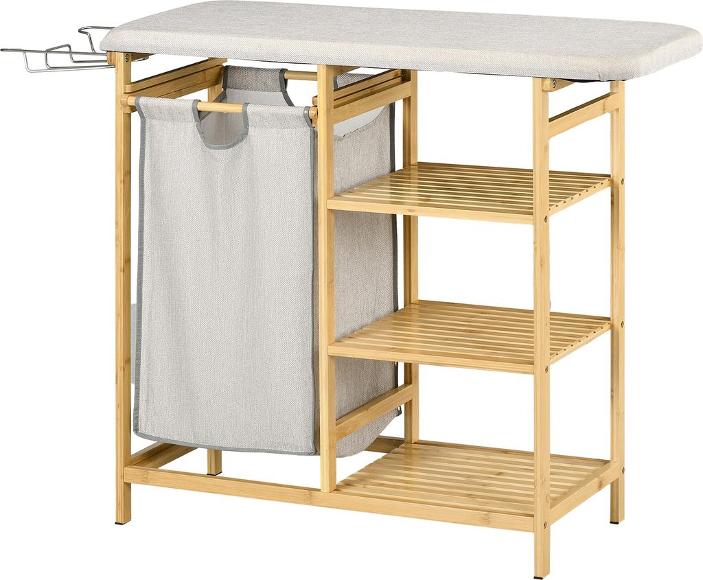 Wäschesammler, multifunktional, Bügelbrett & Stoffsack 57L, Bambusgestell, 113x34x82cm, Natur/Grau