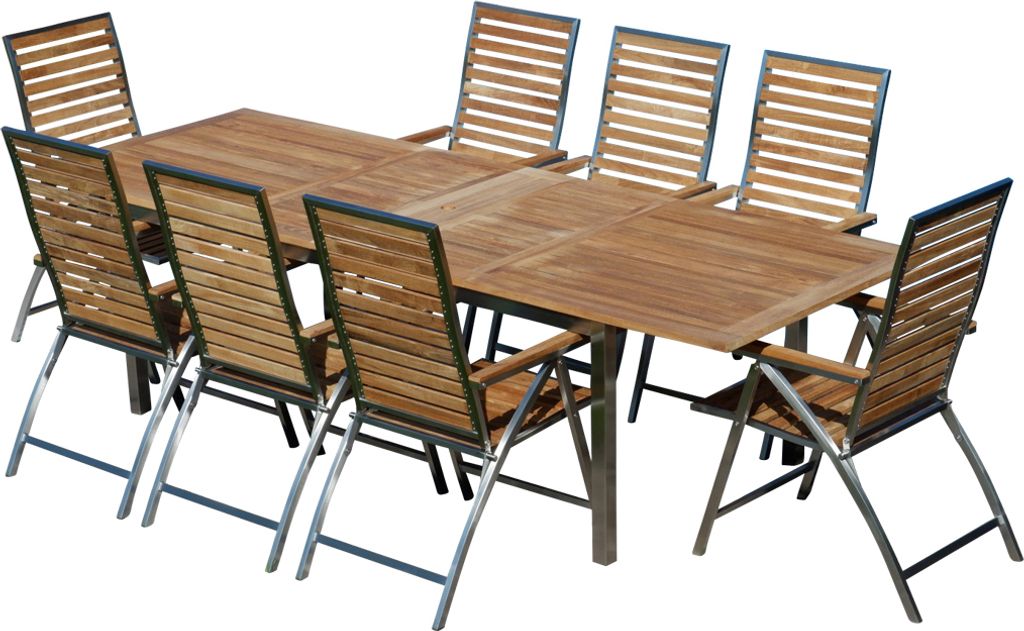 ALEOS. Gartengarnitur Edelstahl & A-Grade Teak: Ausziehtisch 200-240-280 cm x 100cm (LxB) + 8 Teak-Edelstahl Hochlehner Stühle klappbar, Sitzgrupp...