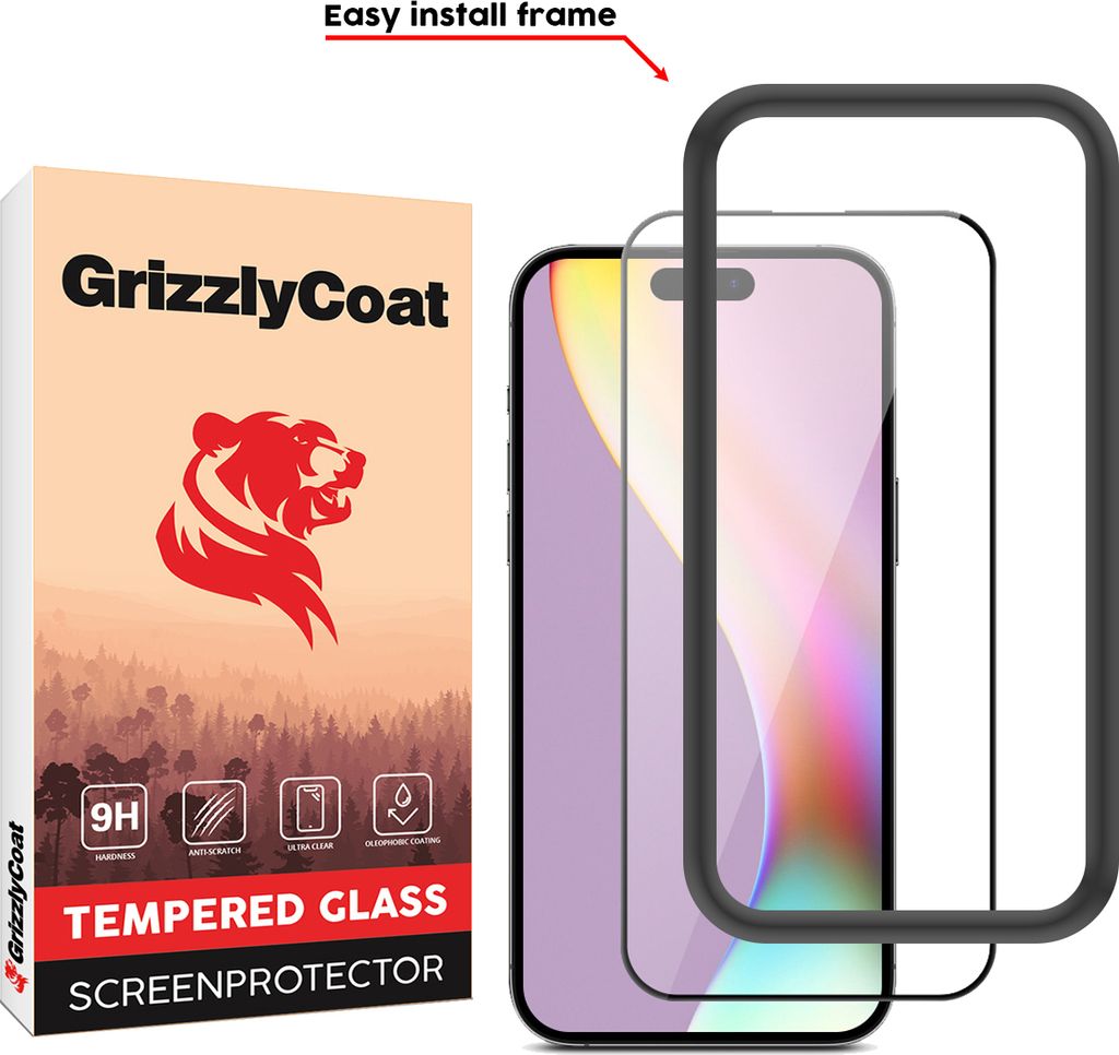 GrizzlyCoat Easy Fit iPhone 15 Plus Panzerglas Gehärtetes Glas Displayschutz - Hüllenfreundlich + Applikator - Schwarz