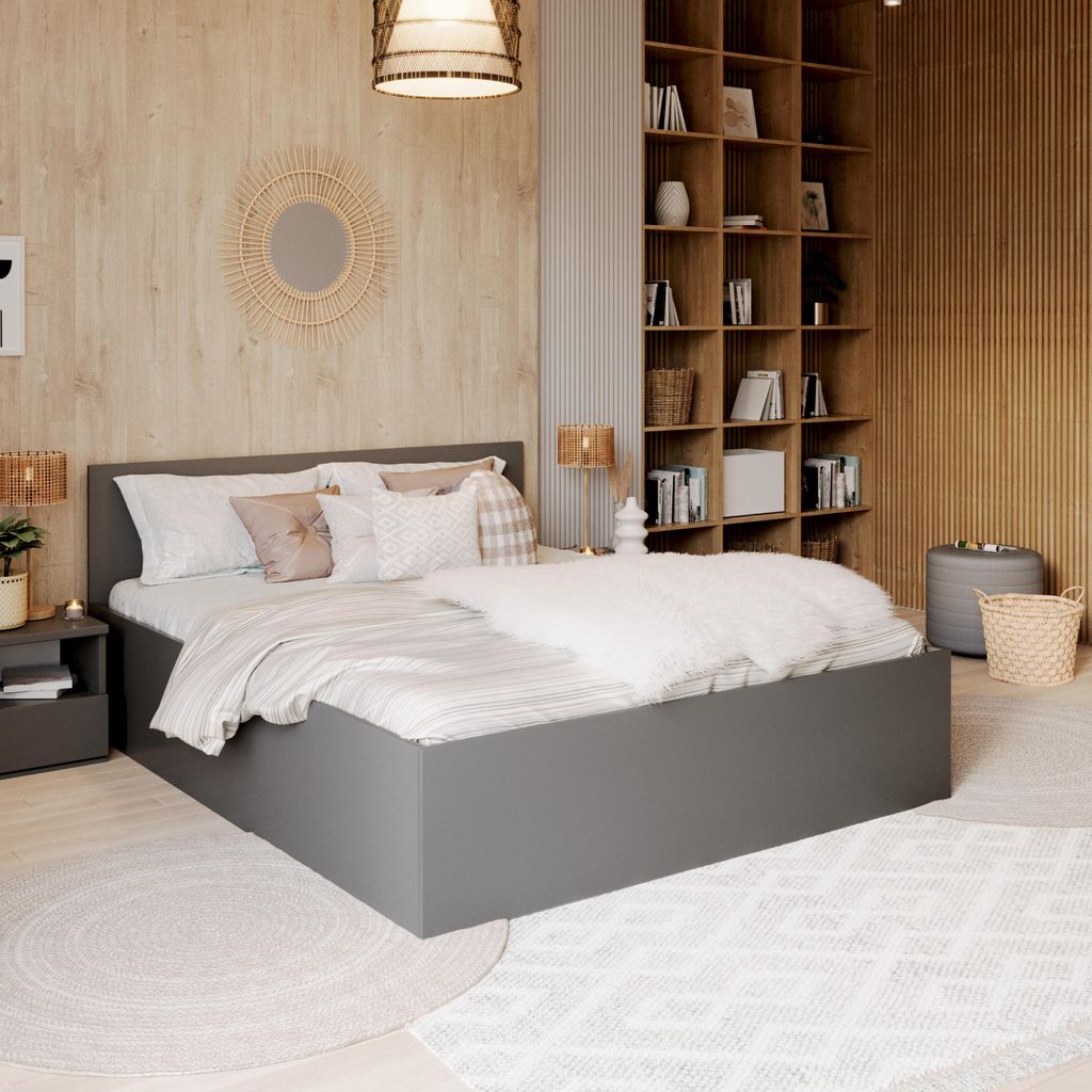 FDM Bett PANAMA 120x200 cm mit Lattenrost aus Metall Bettkasten grau mit Schaumstoffmatratze BRESSO