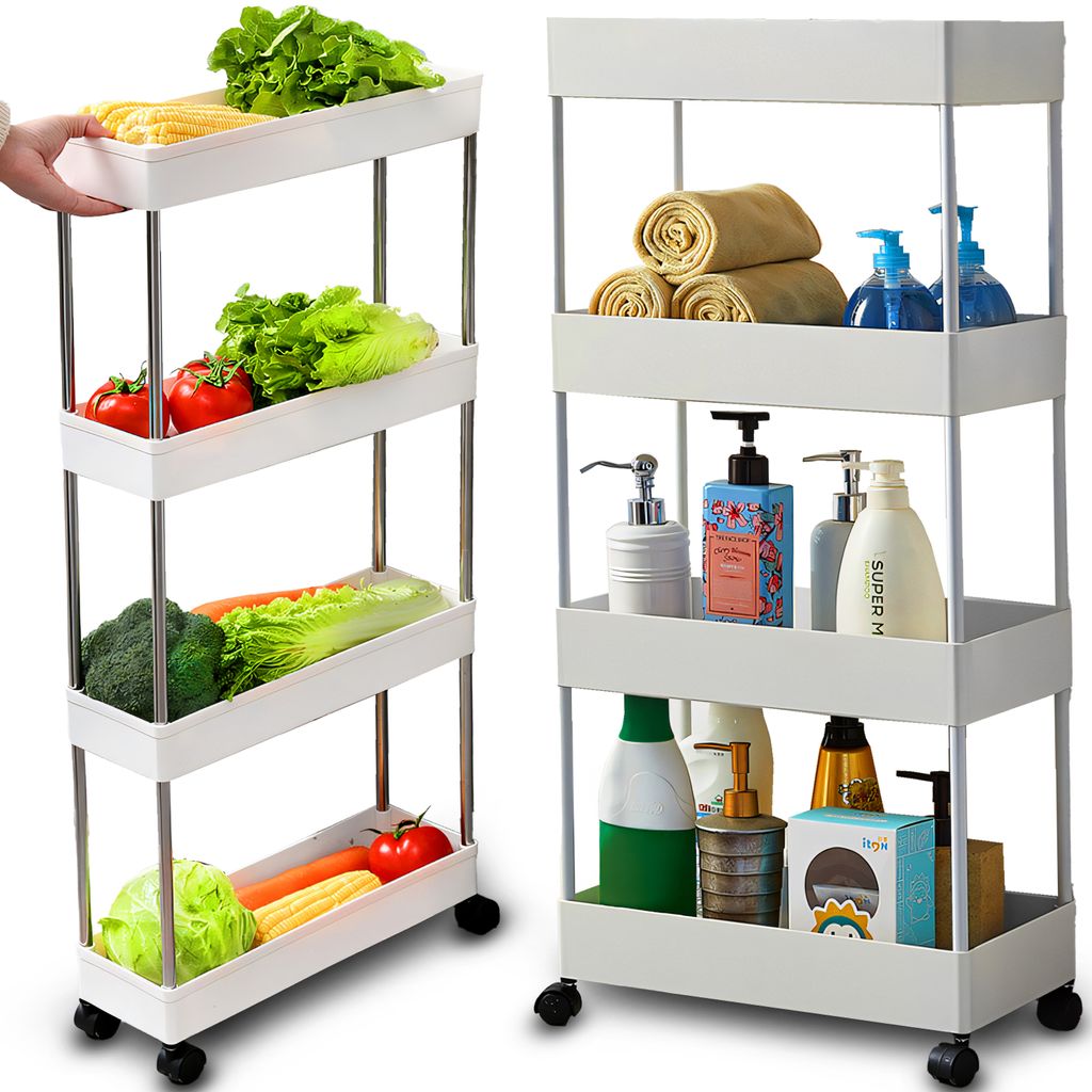 Two slim rolling carts, one filled with fresh produce and the other with toiletries, are displayed side-by-side against a white background.