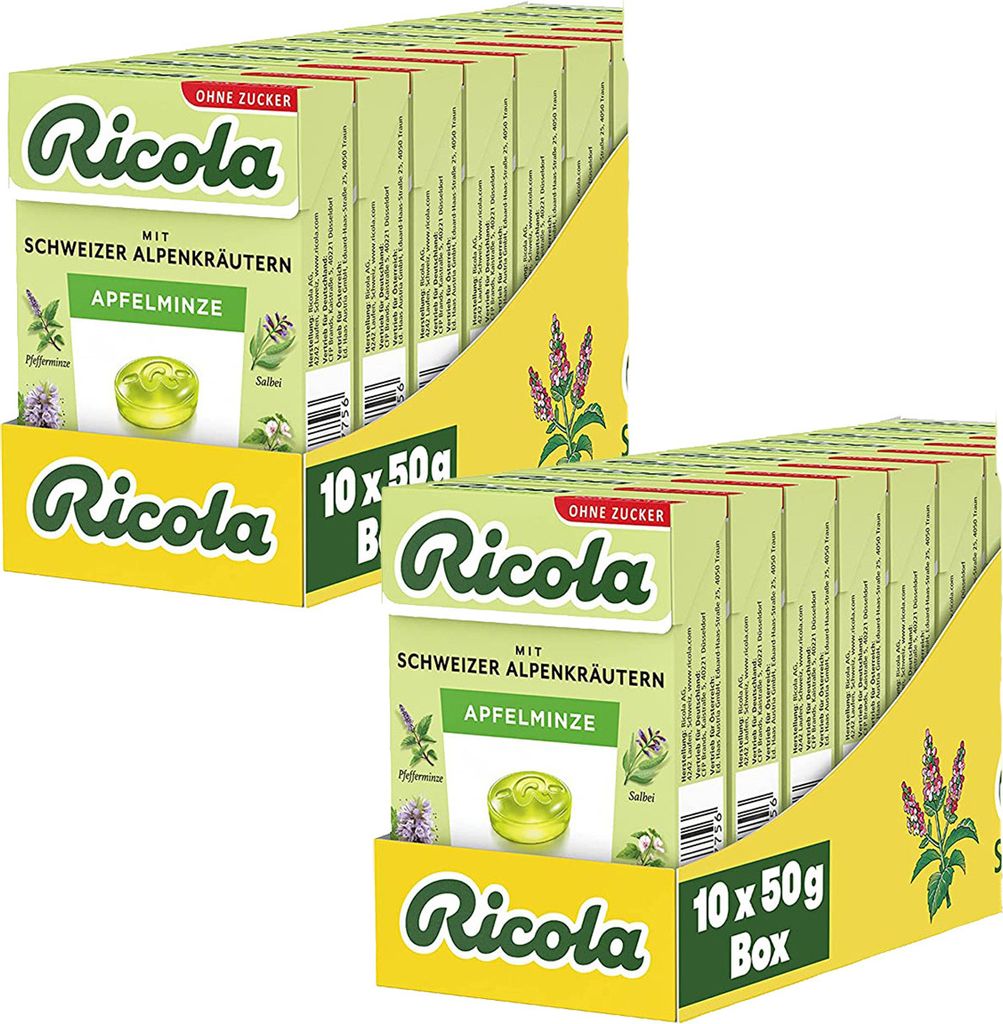 Ricola Apfelminze ohne Zucker im Böxli mild frisch 50g 20er Pack