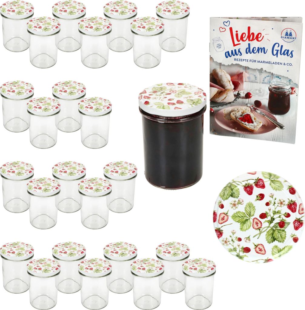 25er Set Sturzglas 230ml HOCH Einmachglas TO66 Wald-Erdbeere Deckel Rezept-Heft