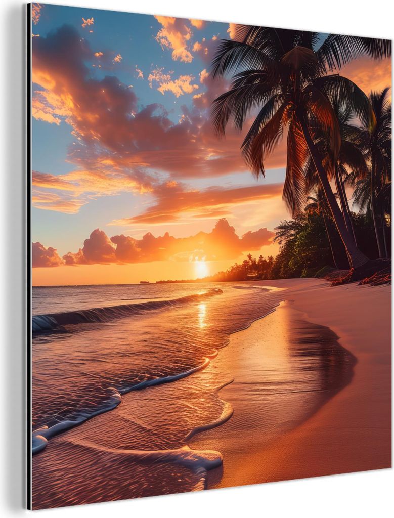 MuchoWow Wanddekoration Metall Metallbild Wandkunst 50x50 cm Sonnenuntergang - Palmen - Meer - Sonne - Strand MuchoWow Aluminium Gemälde - Alubild...
