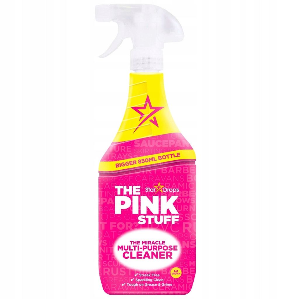 A product shot of a pink and yellow spray bottle of cleaning product against a white background.