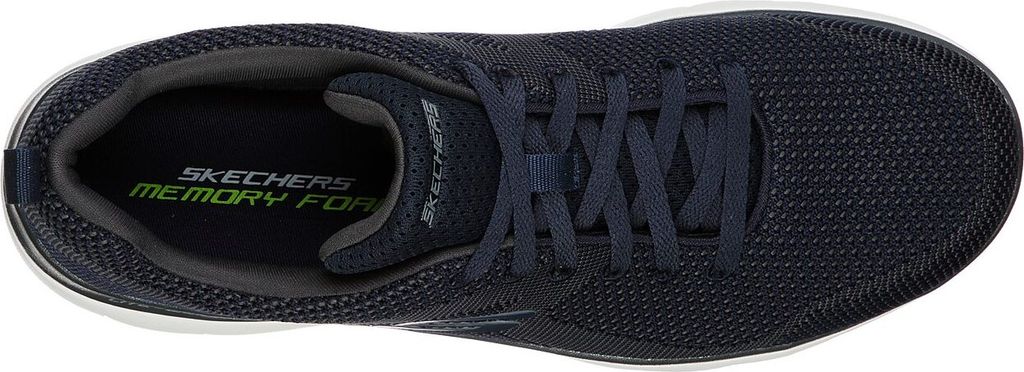 Top-down view of a navy blue Skechers shoe.