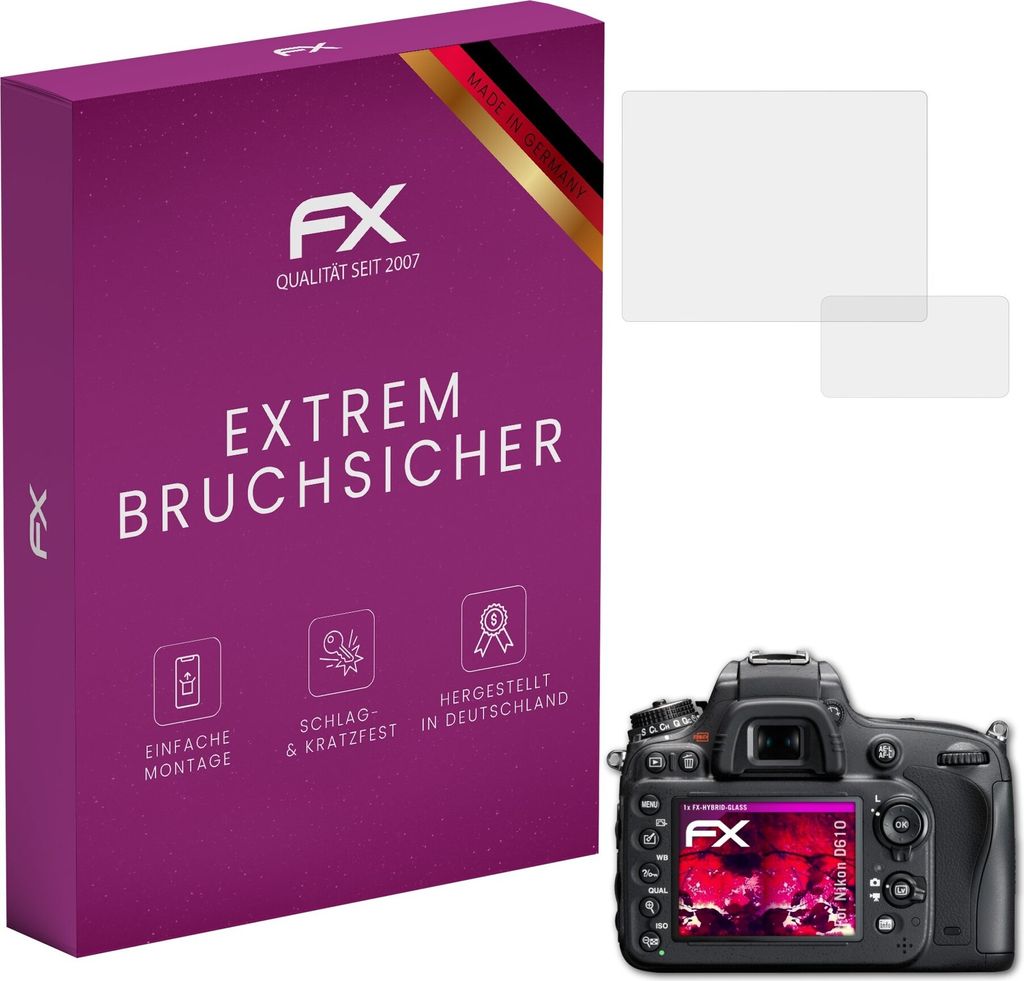 atFoliX FX-Hybrid-Glass Displayfolie kompatibel mit Nikon D610 Glasfolie